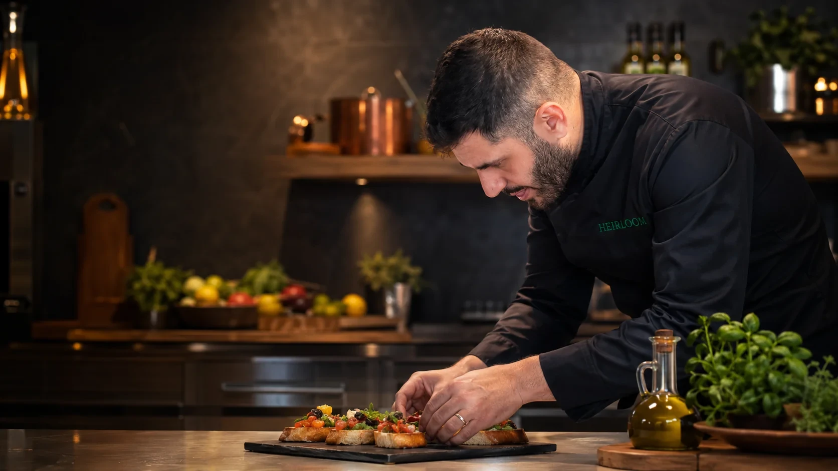 Justin Schieda, founder and executive chef of HEIRLOOM, in the kitchen