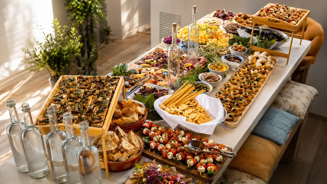 Catering spread with canapés, caprese skewers, bread baskets and glass water bottles on a long table