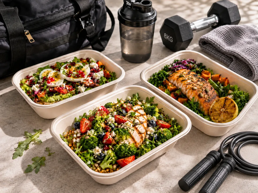 Three meal-prep boxes with chicken, salmon and egg salads next to a dumbbell and a shaker