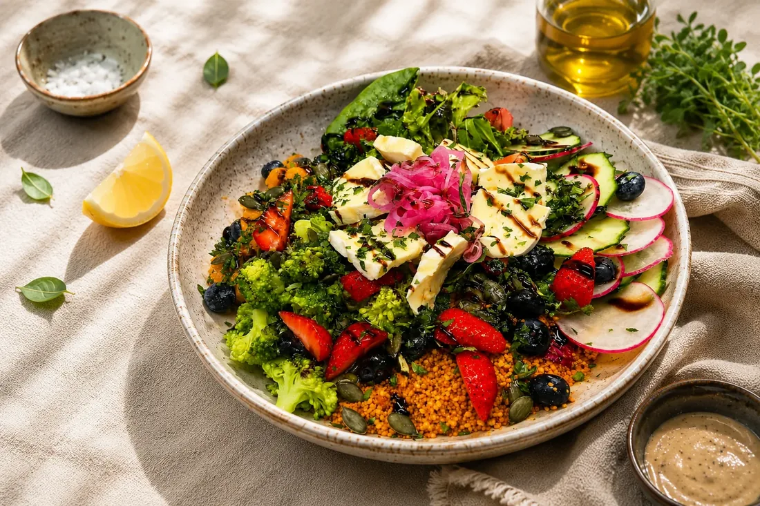 Salad bowl with grilled halloumi, broccoli, strawberries and pickled red onion on a linen cloth